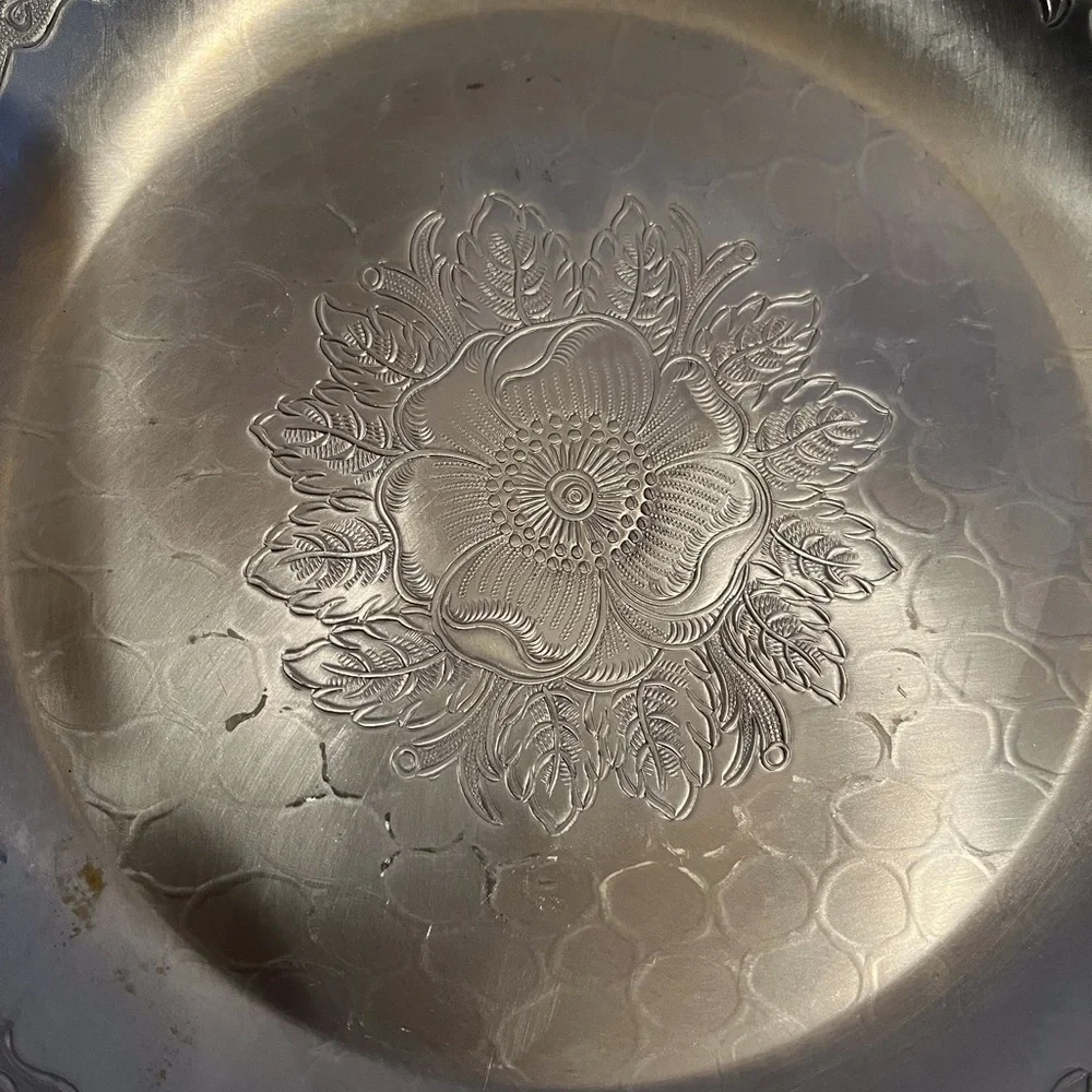 Vintage Pyrex Two Quart Clear Glass Dish with Etched Aluminum Cover and Base